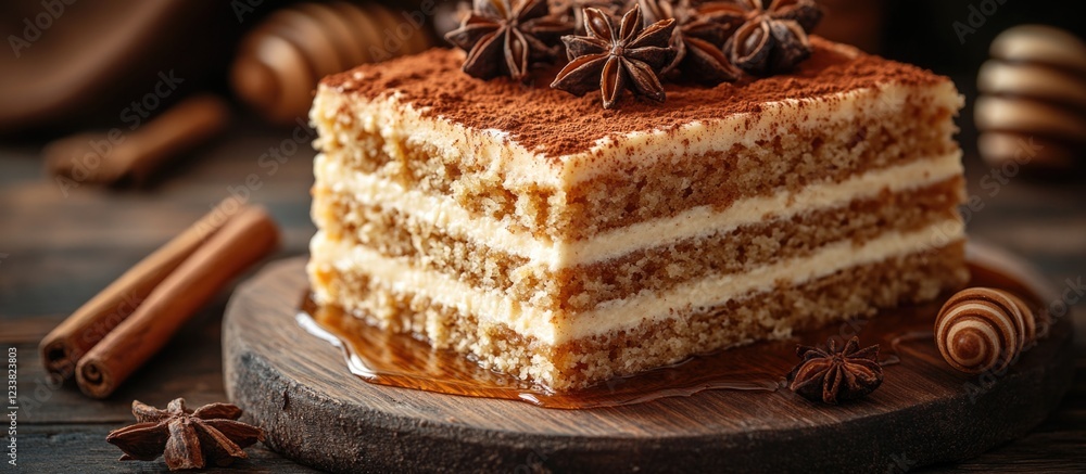 Poster delicious layered cake with creamy filling and spices on wooden board with dark background copy spac