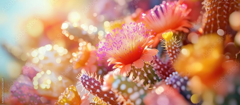 Poster colorful succulent flowers in bloom with soft bokeh background and copy space for text placement