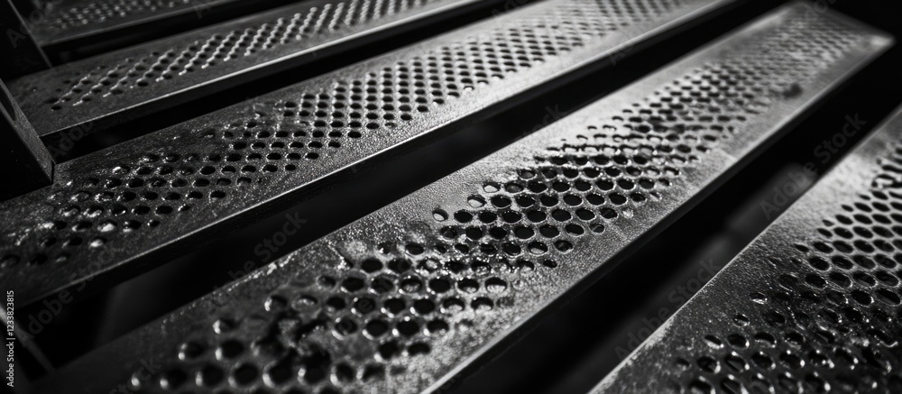 Aufkleber close-up view of textured metal stair steps with perforated pattern in monochrome tones featuring co