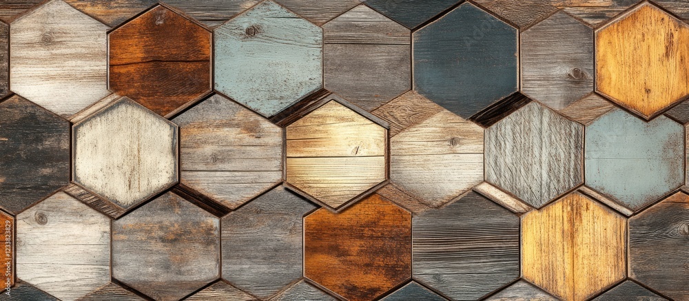 Poster Hexagonal wooden planks in various colors and textures arranged in a seamless pattern with Copy Space for text placement