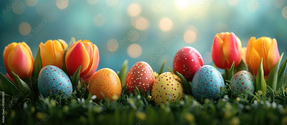 Poster easter eggs and colorful tulips in a vibrant garden setting with bokeh background copy space