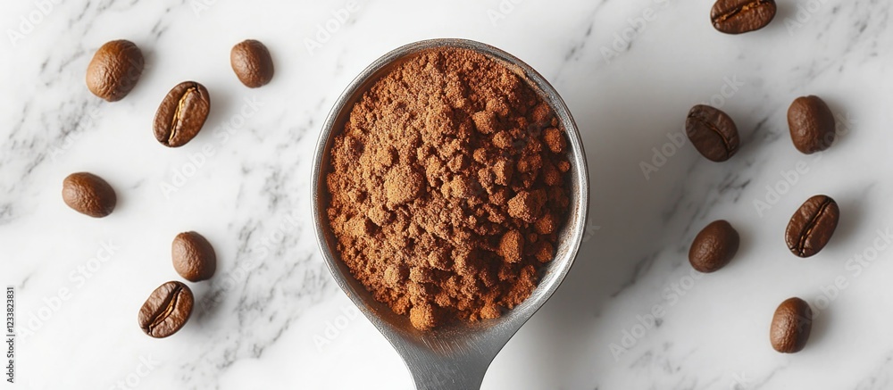 Poster coffee powder in measuring scoop surrounded by whole coffee beans on marble countertop with copy spa