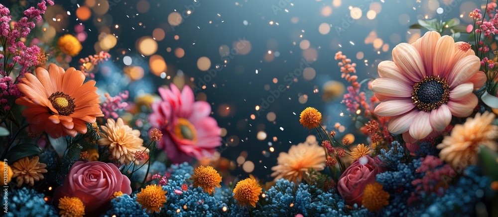 Poster colorful floral arrangement with various flowers and bokeh effect in the background copy space