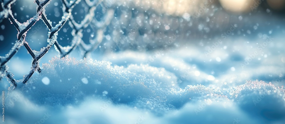 Poster snow-covered ground with a blurred fence in the background and sparkling snowflakes falling, shallow