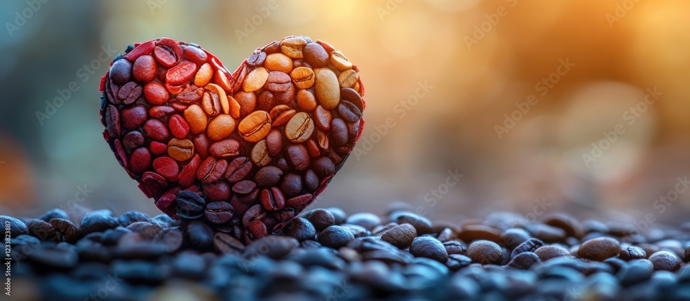 Poster heart shape made of coffee beans on scattered coffee grounds with blurred background and warm lighti