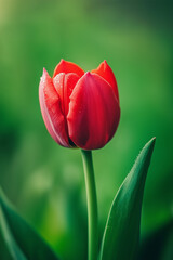 Fototapeta premium Blooming red tulip with green background