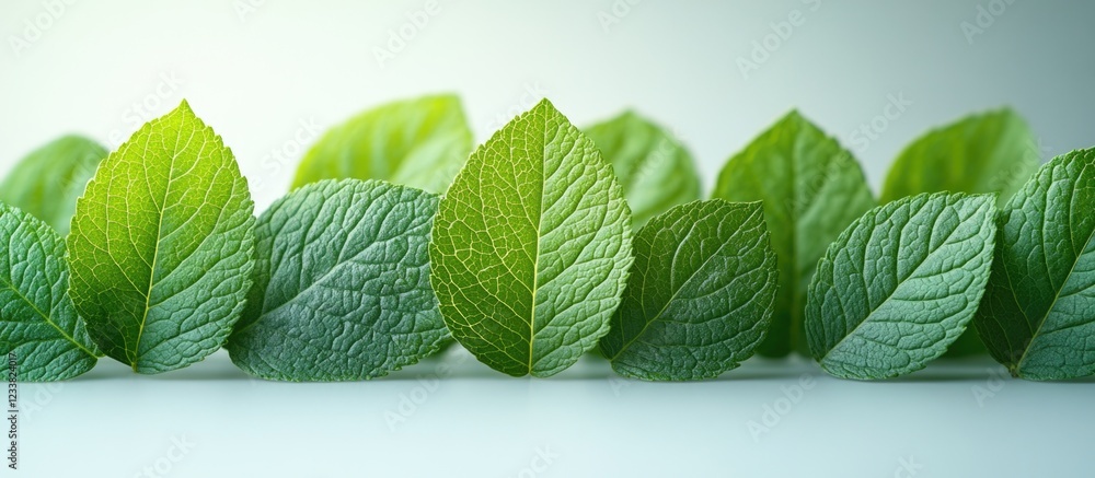 Poster fresh green mint leaves arranged in a row against a light background with copy space for text placem