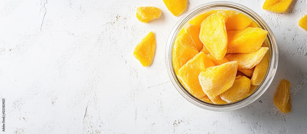 Poster diced mango chunks in a glass bowl on a white marble background with scattered mango pieces and copy