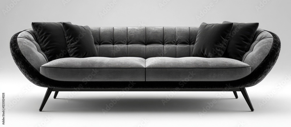 Poster modern black and gray tufted sofa with decorative pillows on a minimalist background copy space