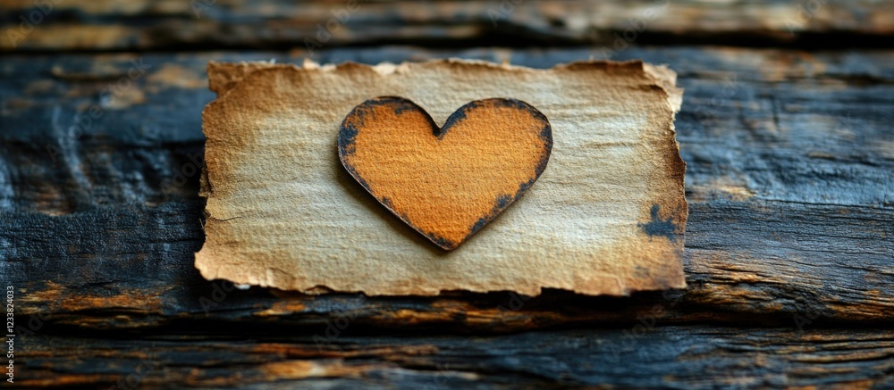 Poster wooden heart shape on rustic bark background with copy space for text. natural and handmade decorati