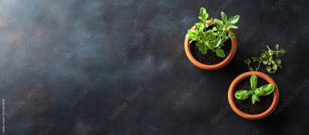 Poster Herbs in terracotta pots on dark textured background with Copy Space for text placement