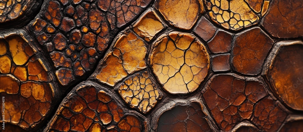 Poster abstract close-up of textured brown stone with hexagonal patterns and cracks on the surface suitable