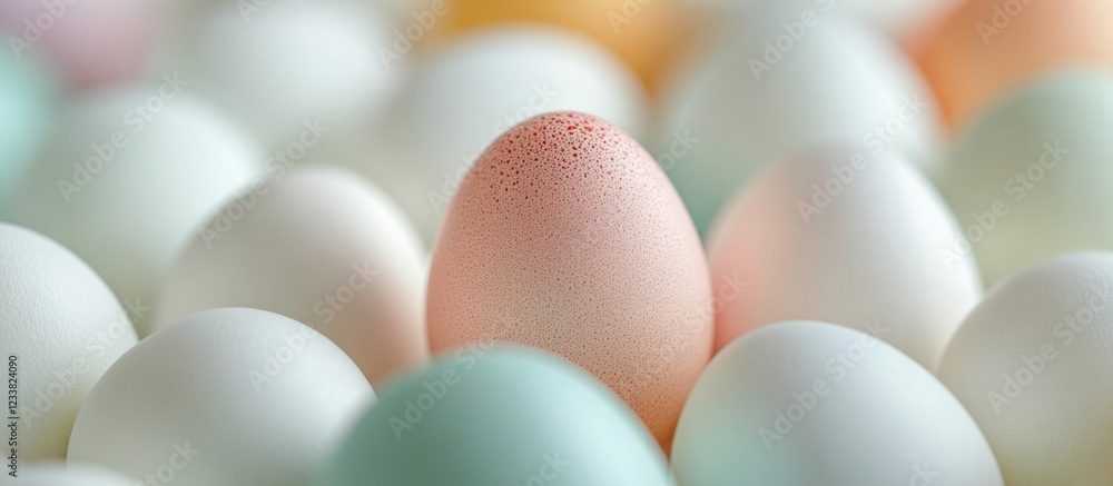 Poster pastel colored eggs among white eggs in a decorative arrangement with copy space for text insertion.