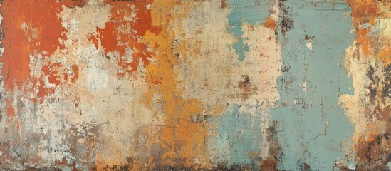 Abstract grunge texture background with peeling paint in orange, teal, and beige colors suitable for design projects with Copy Space