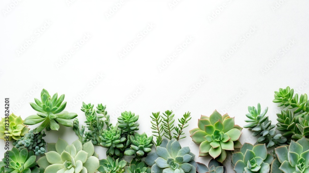Poster succulent plants arrangement on white background with ample copy space for text or branding design