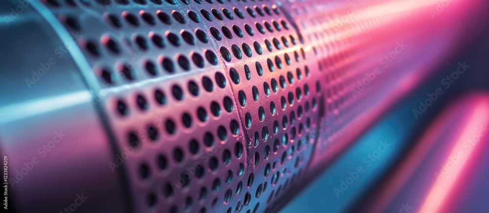 Aufkleber abstract close-up of textured metallic surface with perforations illuminated by colorful lights. cop