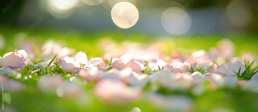 Poster Petals scattered on green grass with blurred background and sunlight bokeh effect Copy Space