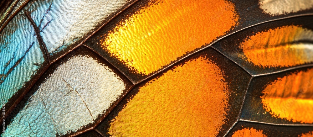 Aufkleber Close-up view of butterfly wing scales displaying vibrant orange and blue colors with intricate patterns and textures Copy Space