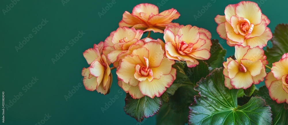 Poster yellow and pink begonia flowers on green background with copy space for text