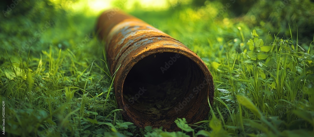 Poster rusty metal pipe lying on green grass surrounded by foliage with shallow depth of field and natural 