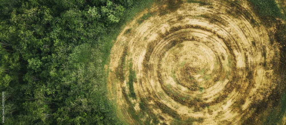 Poster aerial view of a circular agricultural field surrounded by dense green forest with distinct patterns