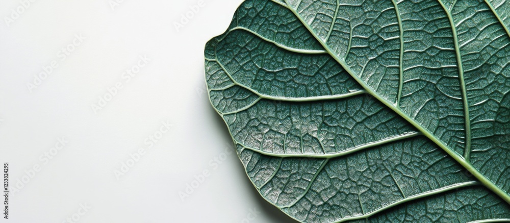 Aufkleber Close-up view of a textured green leaf on a light background with ample Copy Space for text placement