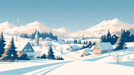 冬の田舎の景色、ベクター、イラスト