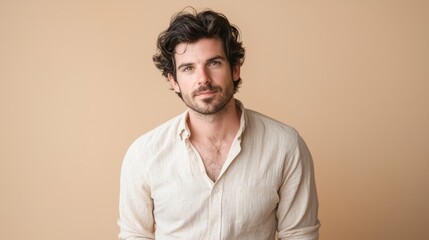 Portrait of a Handsome Man with Dark Hair and a Beige Shirt