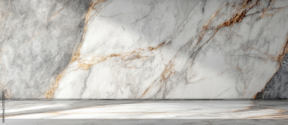Poster Marble wall texture with golden veins and shadows in a modern interior setting with Copy Space for text insertion