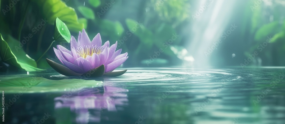 Aufkleber water lily in serene pond setting with soft sunlight and lush greenery perfect for nature themes and