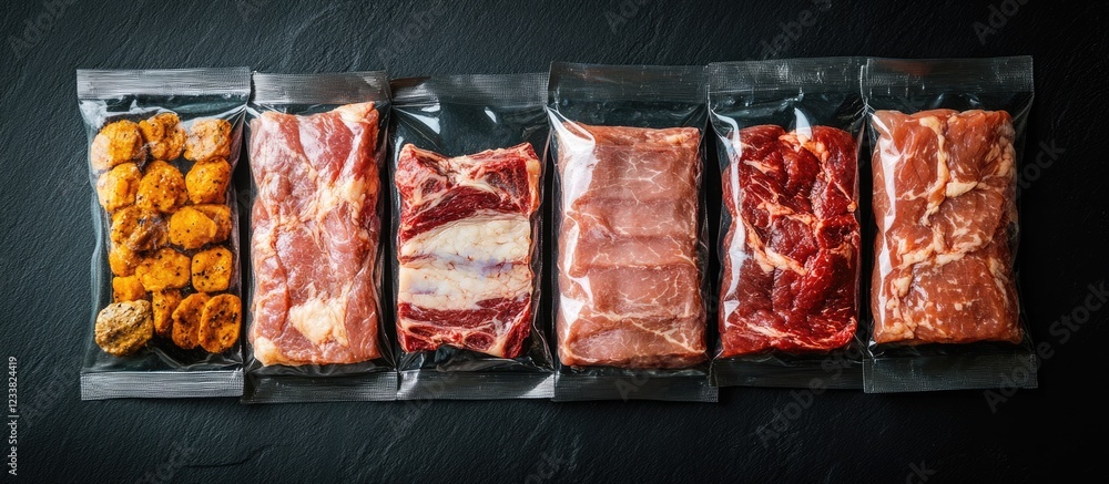 Poster raw meat cuts vacuum packed in clear plastic, arranged on dark stone surface with copy space for tex