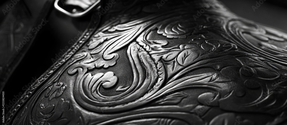 Poster detailed close-up of intricately embossed leather texture with ornate patterns in black and white, s