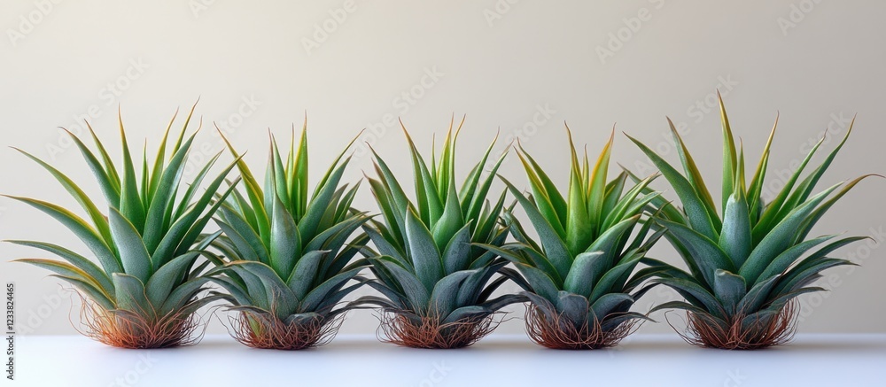 Poster Five pineapple plants arranged in a row on a white surface with a neutral background and ample copy space