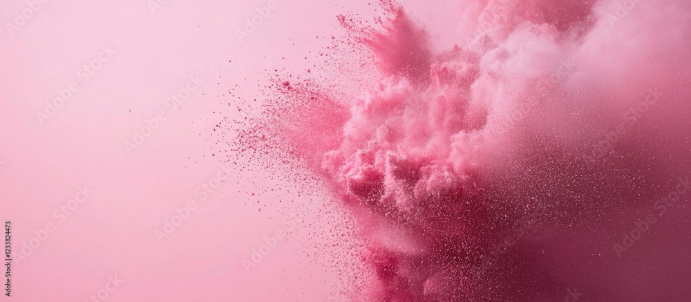 Poster pink powder explosion on a pink background with particles dispersing and vibrant color against soft 