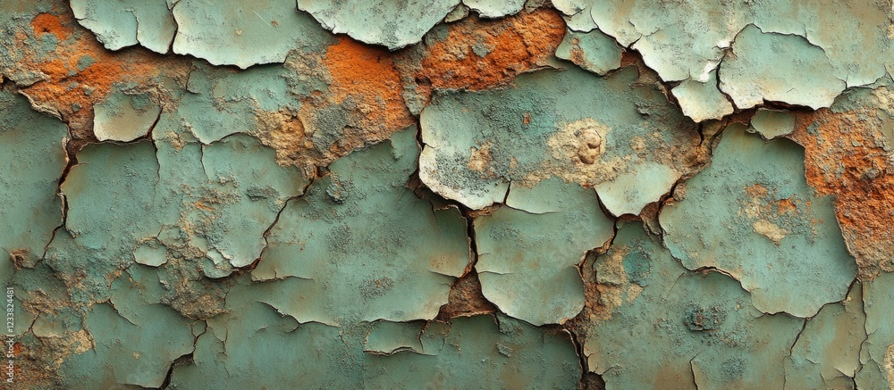 Poster close-up of peeling paint on rusted metal surface with textured layers and color variation