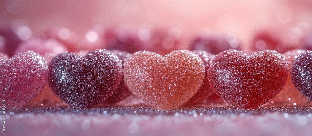 Aufkleber Colorful candy hearts arranged in a row with a sparkling sugary coating on a soft pastel background Copy Space