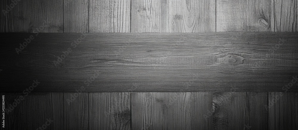 Poster Black and white wooden texture background with wide horizontal panel and copy space for text usage