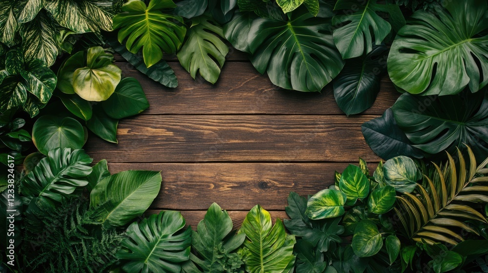 Poster lush green tropical leaves arranged around a wooden surface with copy space for text insertion.