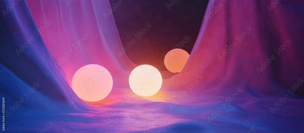 Poster Colorful glowing spheres on a soft fabric background with purple and blue gradients and ample copy space for text placement