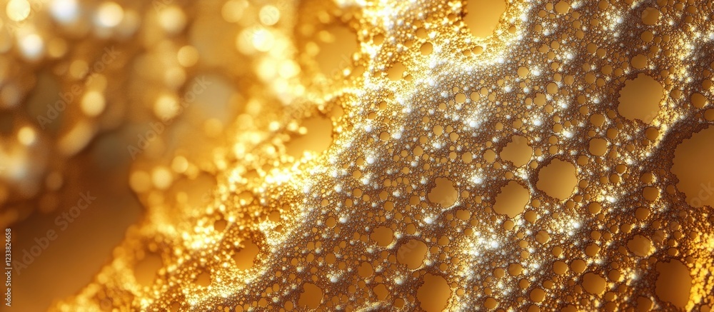 Aufkleber abstract close-up of golden liquid with bubbles and sparkling light reflections copy space