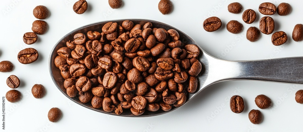 Poster brown roasted coffee beans in a metal spoon on a white surface with scattered beans and copy space a