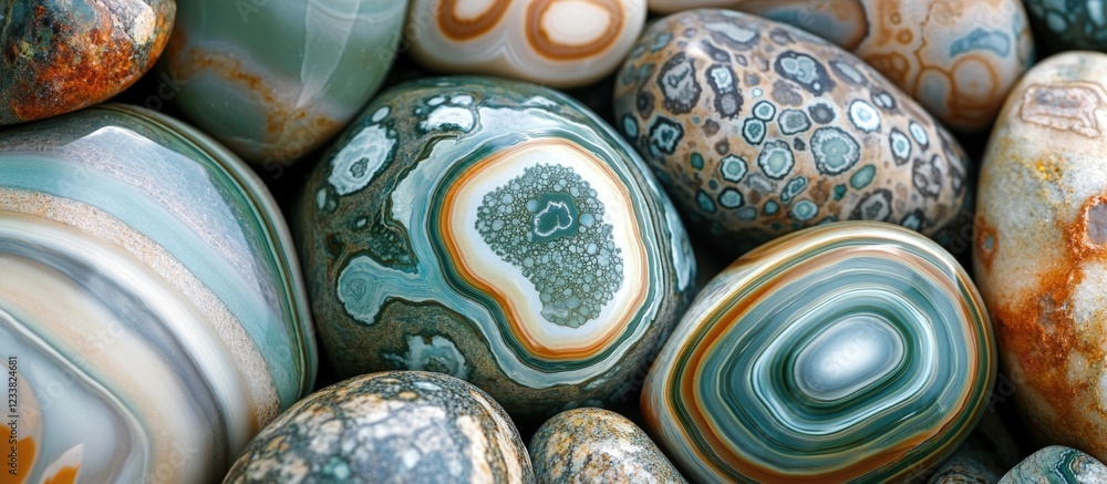 Poster Colorful and decorative polished gemstones with intricate patterns and textures on a textured surface Copy Space
