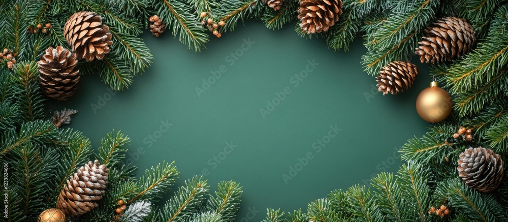 Poster christmas pine branches and pinecones on dark green background with golden ornaments and copy space 
