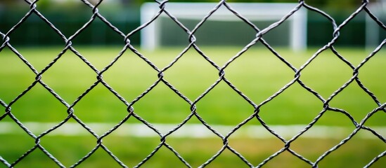 Fototapeta premium Soccer field viewed through a chain-link fence with focus on the net and grass Copy Space