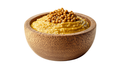 Wooden bowl filled with raw cereal grains and rice, showcasing healthy natural ingredients like buckwheat, corn, and couscous, perfect for a nutritious vegetarian meal against a transparent background