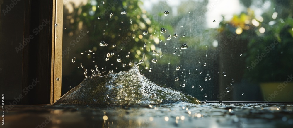 Poster Water droplets splashing on surface with blurred green garden background and sunlight creating a natural ambiance Copy Space