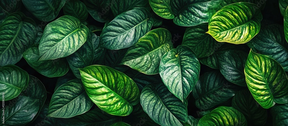 Poster Green tropical leaves background with various shades and textures creating a natural pattern ideal for design projects Copy Space