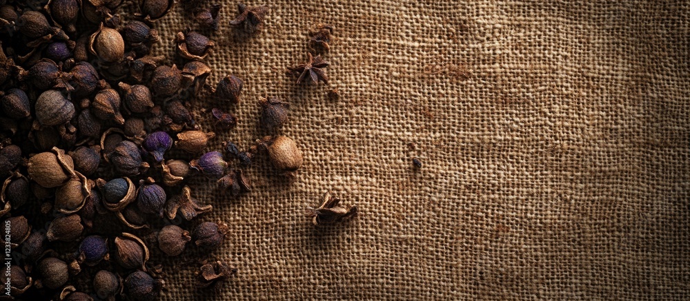 Aufkleber coffee beans and spices on burlap background with copy space for text