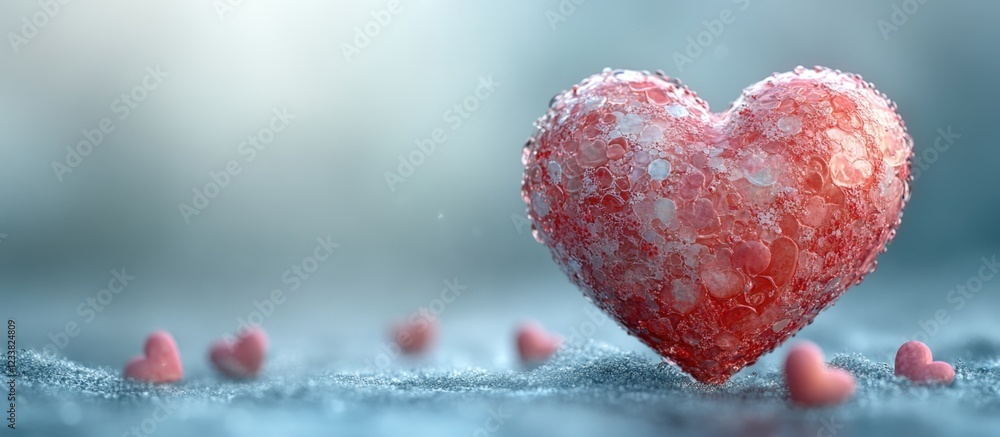 Poster frosted red heart surrounded by smaller hearts on a blue background with copy space for text placeme