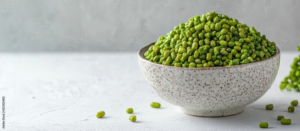 Poster Green mung beans in a textured bowl on a light surface with scattered beans and copy space for text.
